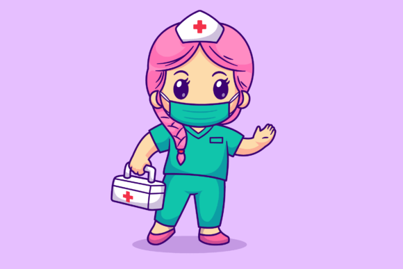 Cute Nurse with Mask Holding First Aid