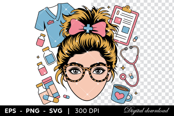 Nurse Messy Bun with Scrubs and Coffee