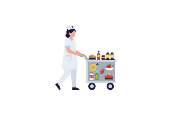 Nurse Pushing a Food Cart with Various I